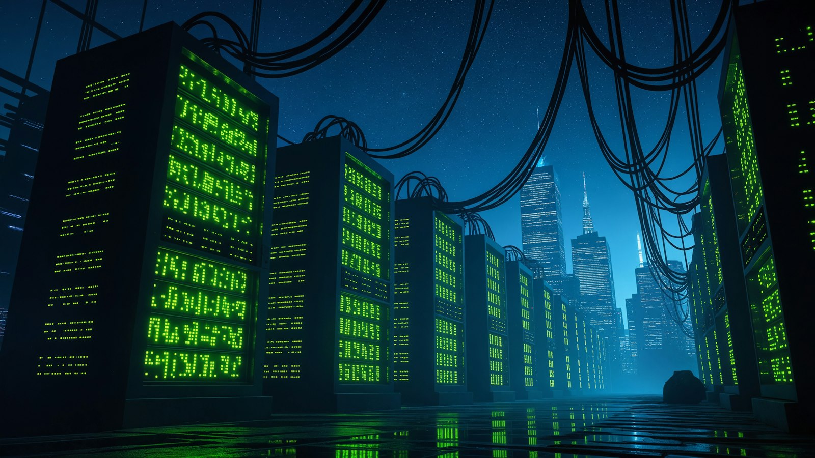 Illuminated server racks with a city skyline in the background